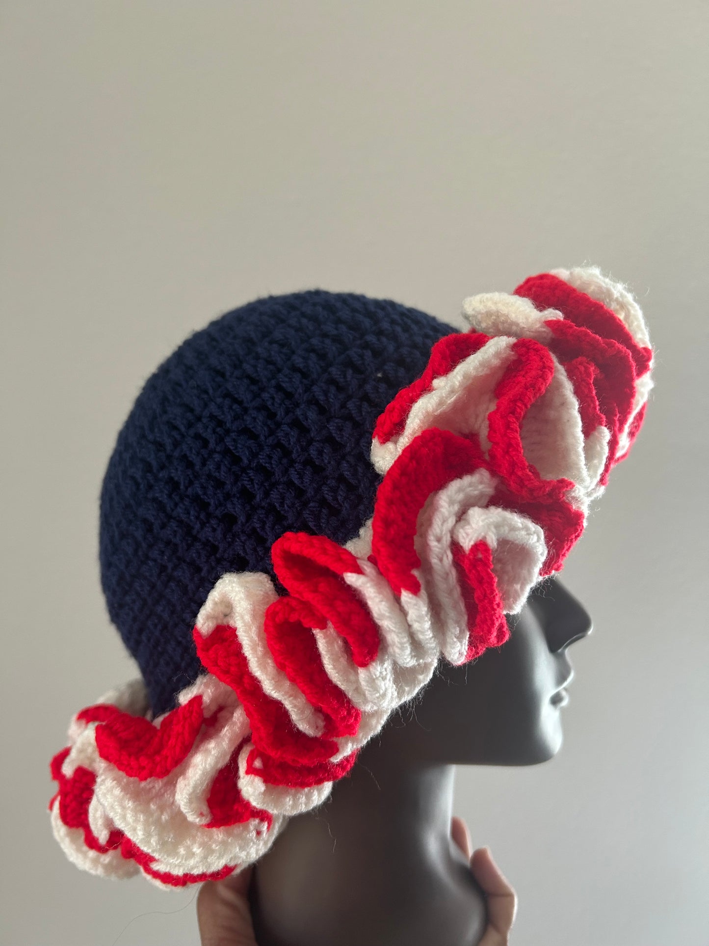 Red white & blue ruffle hat